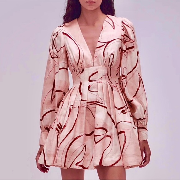 Aje. Amelia Long Sleeve Plunge Mini Dress Abstract Pink Size 8 - Picture 3 of 13